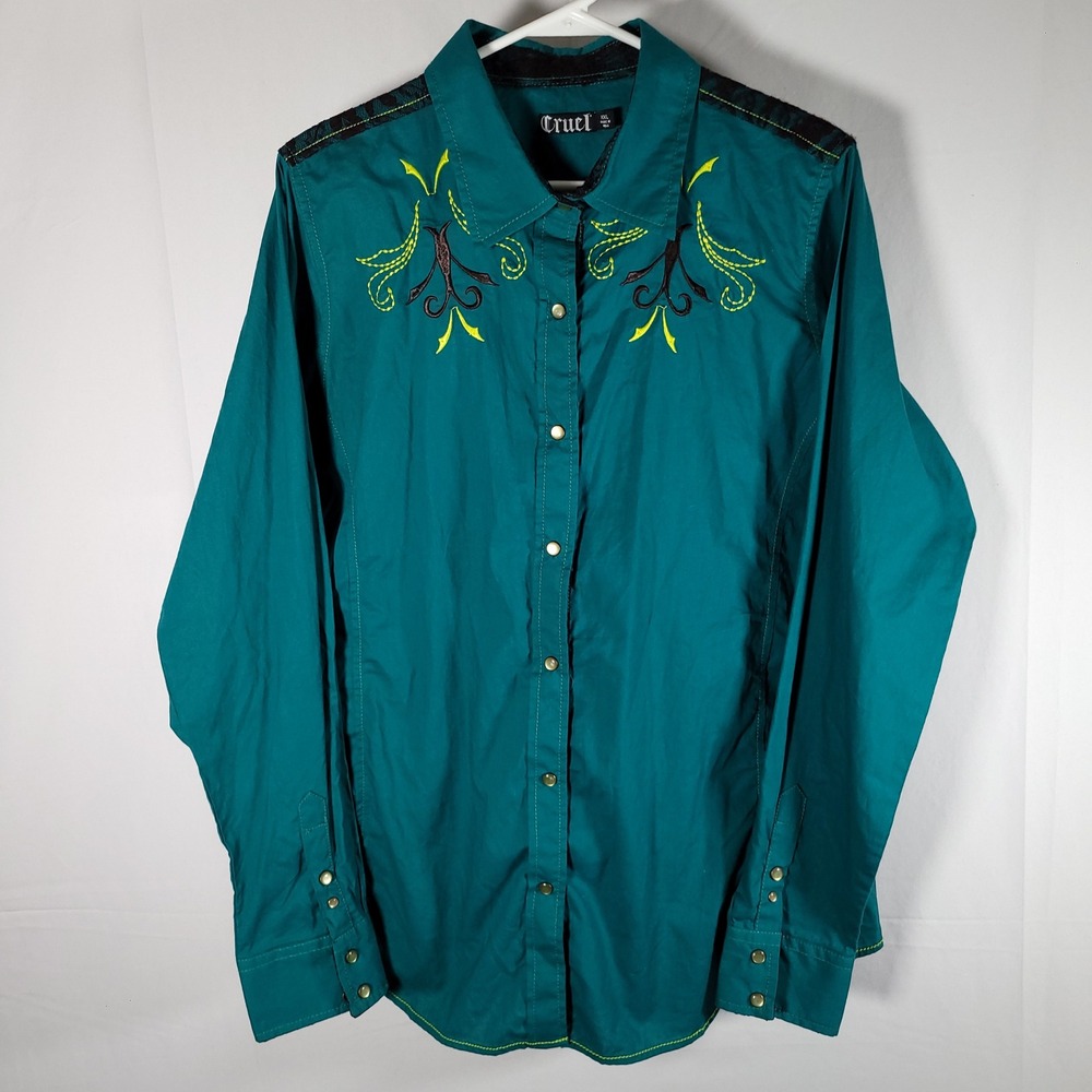 Cruel Teal Embroidered Western Snap Long Sleeve Lace Trim Shirt Women's XXL